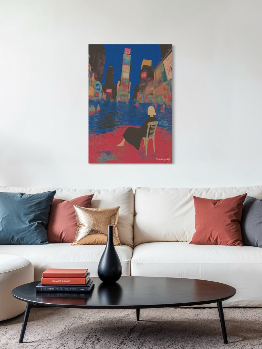 Living room with a white sofa, colorful pillows, a black coffee table, and a vibrant painting on the wall.
