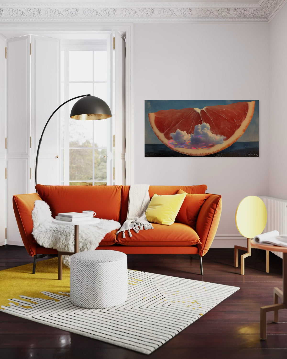 Modern living room with orange sofa, yellow rug, and abstract artwork on wall.