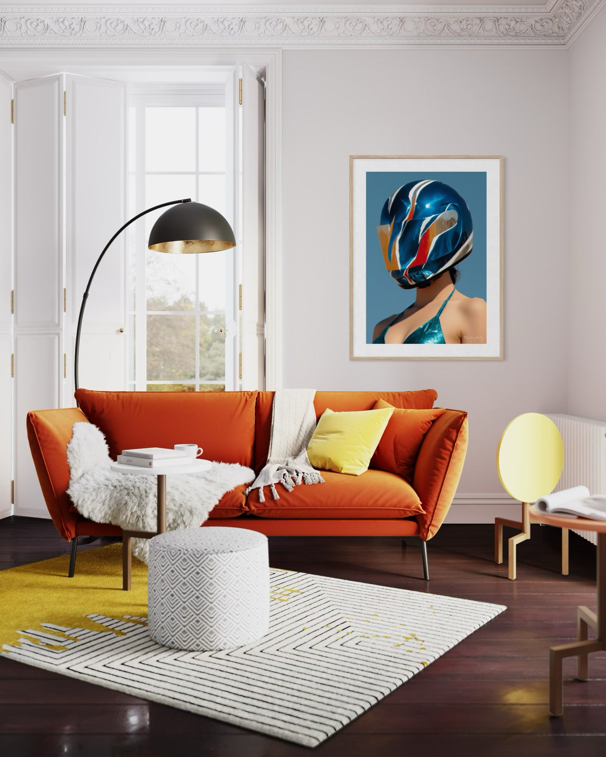 Modern living room with orange sectional sofa, yellow rug, and decorative wall art.