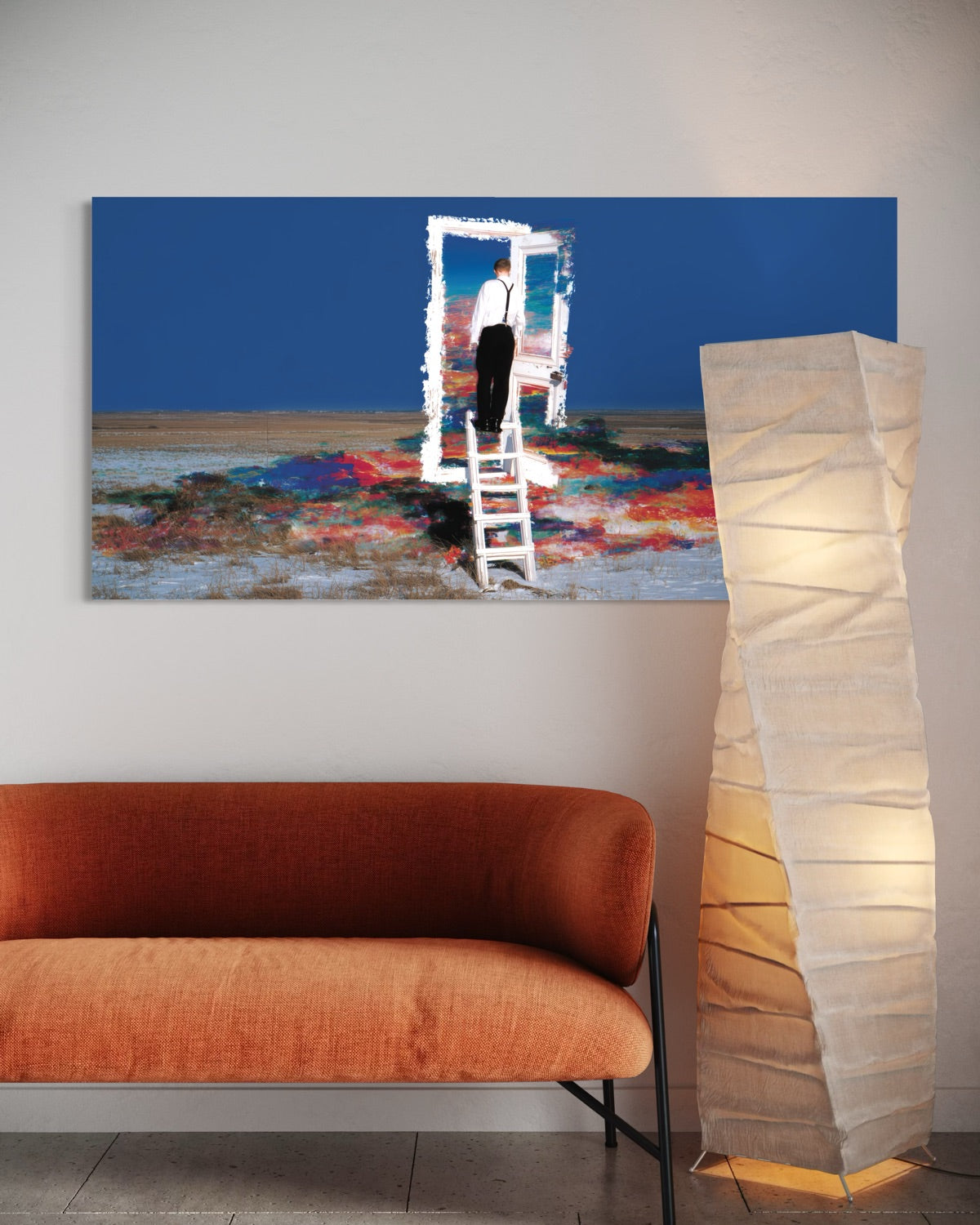 Modern interior with a colorful abstract painting, orange sofa, and tall floor lamp.