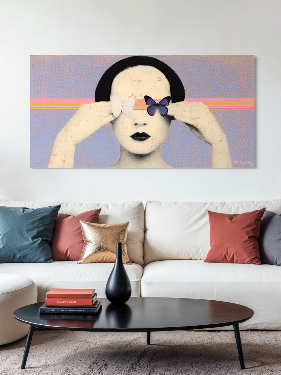 Modern living room with a large abstract painting on the wall, a white sofa with colorful pillows, and a black coffee table.