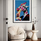 Colorful abstract art of a giraffe in a modern living room setting.