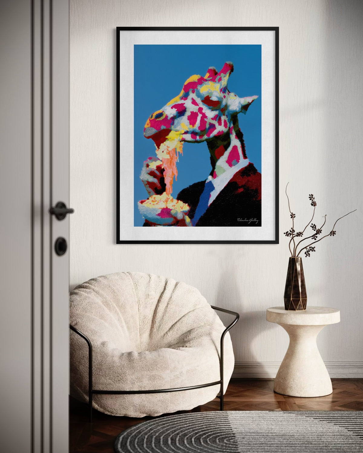 Colorful abstract art of a giraffe in a modern living room setting.