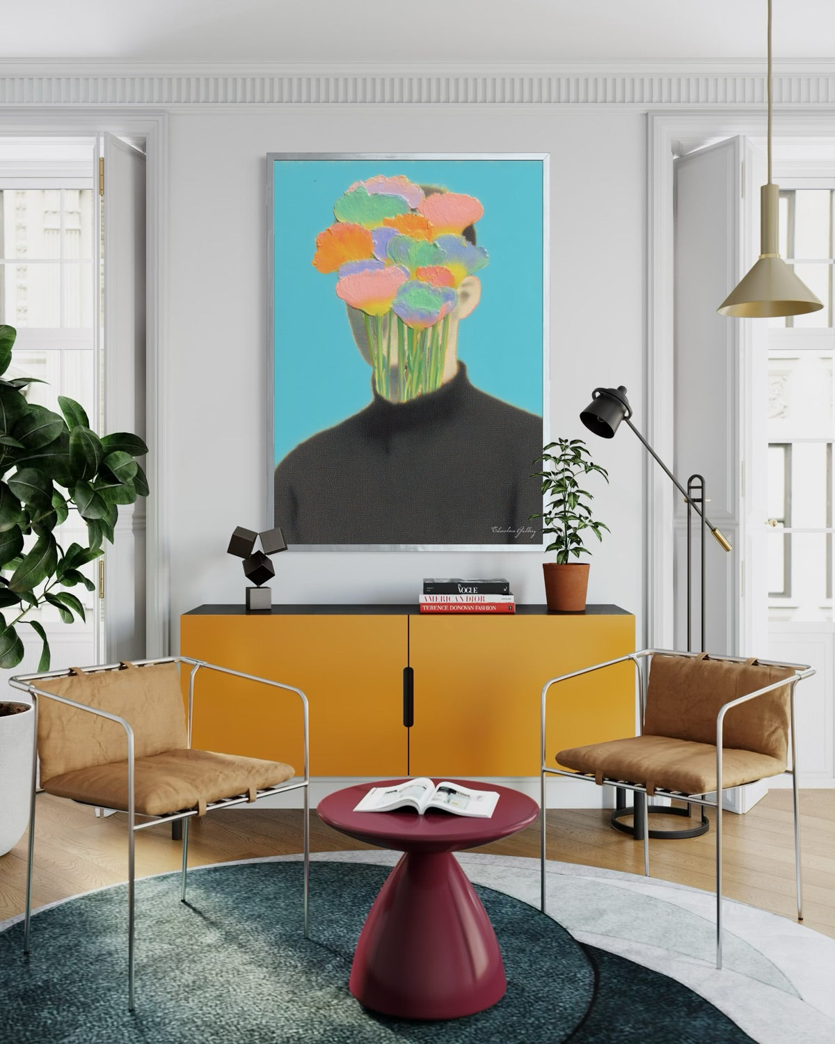 Modern living room with yellow cabinet, brown chairs, and colorful artwork on the wall.