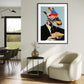 Framed artwork of a man with a giraffe in a modern living room.