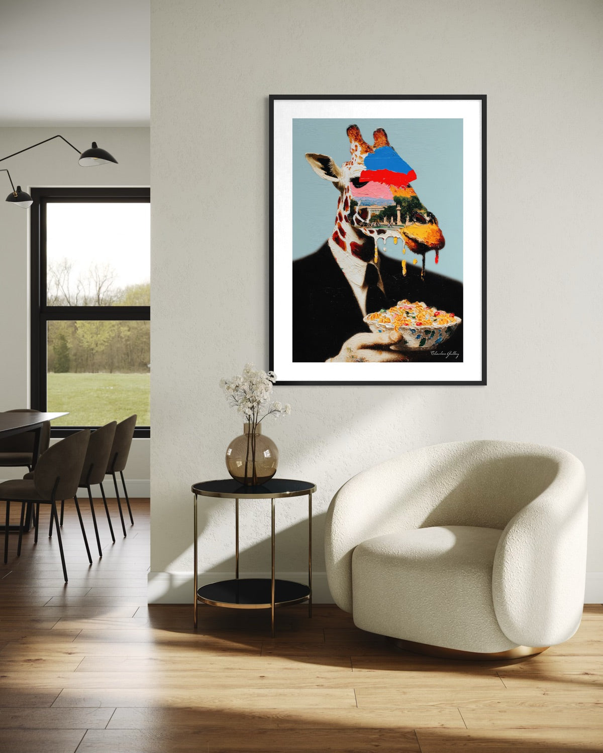 Framed artwork of a man with a giraffe in a modern living room.