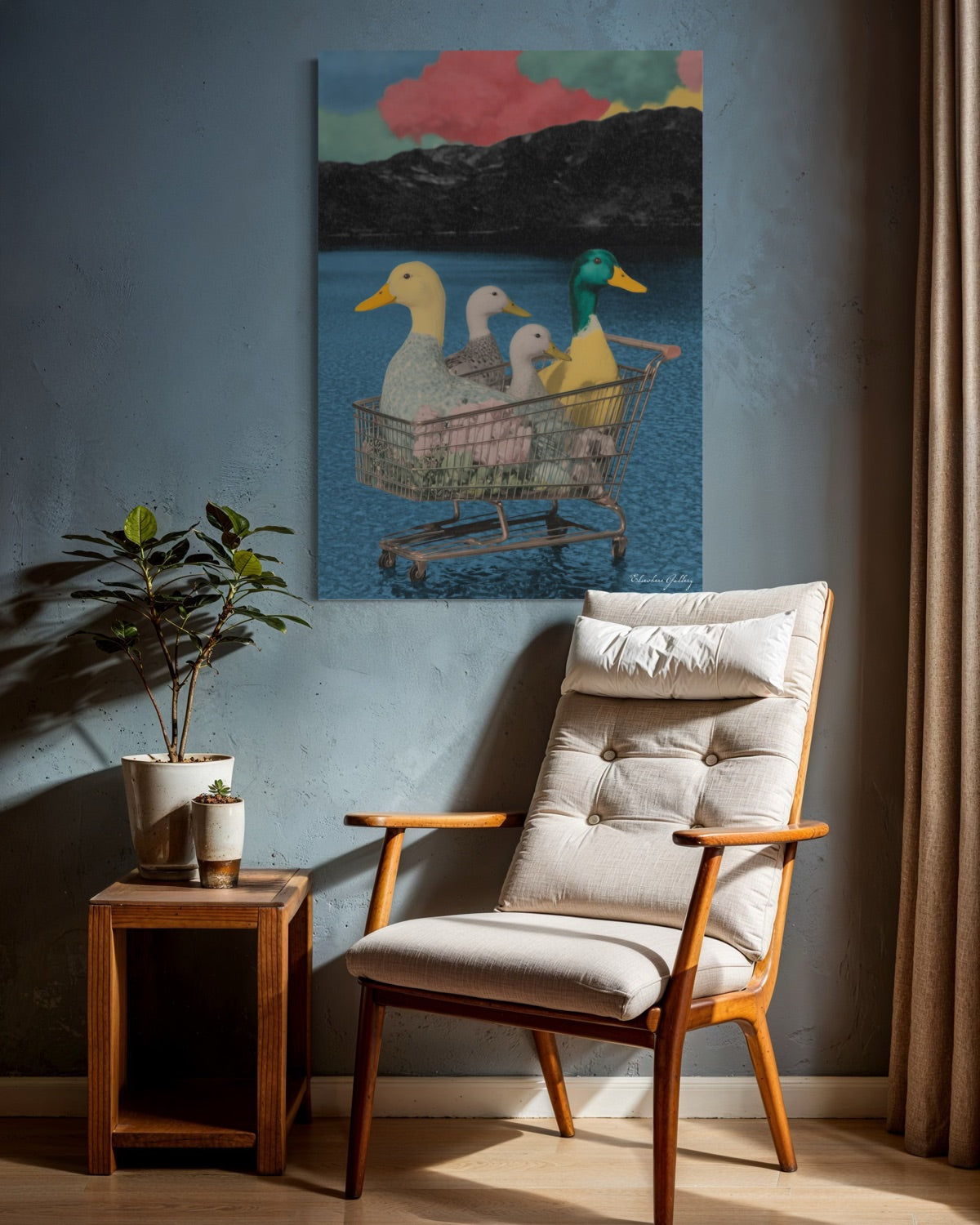 Chair in a room with a colorful painting of ducks in a shopping cart on the wall.