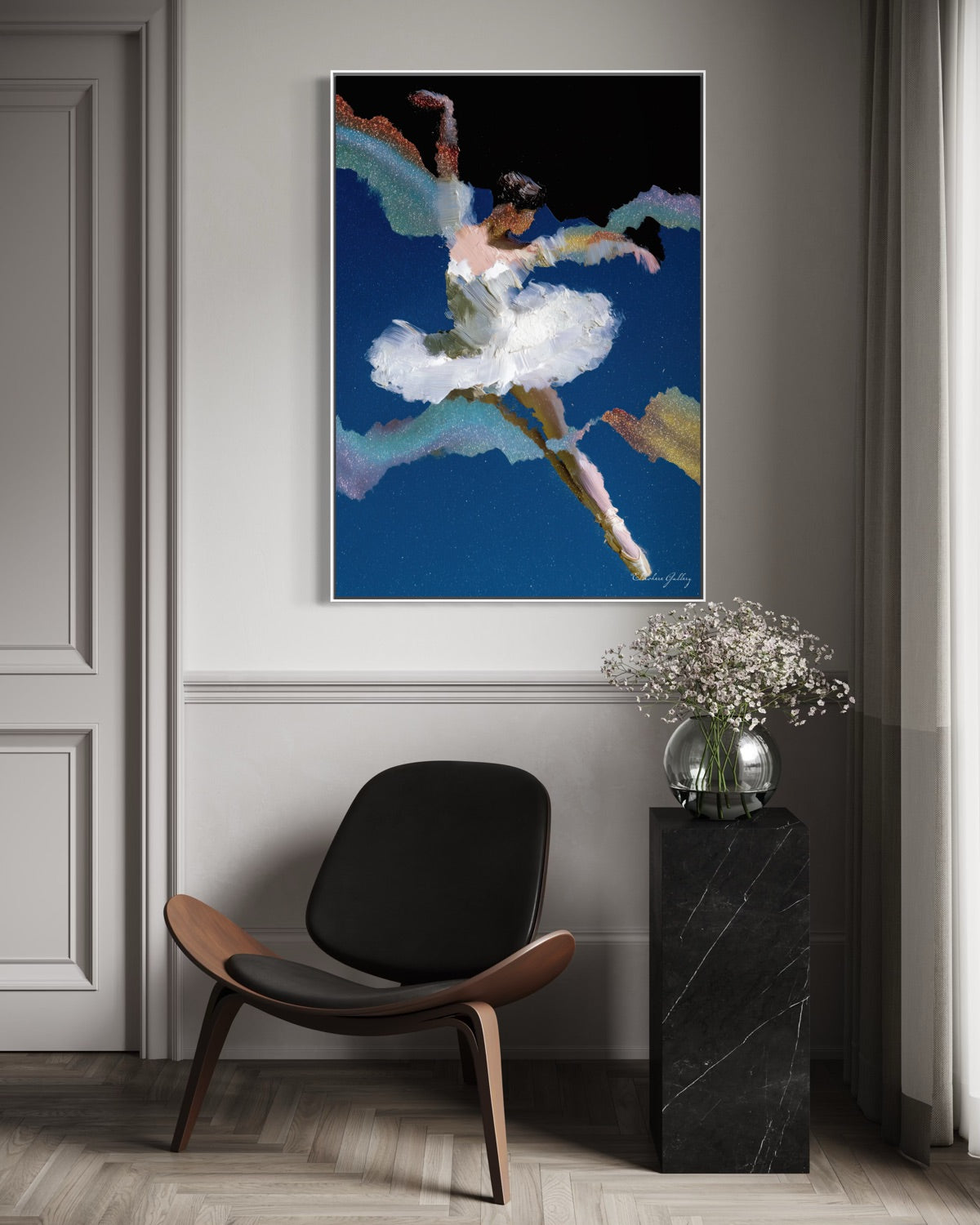 Modern interior with a chair, side table, and abstract painting on the wall.