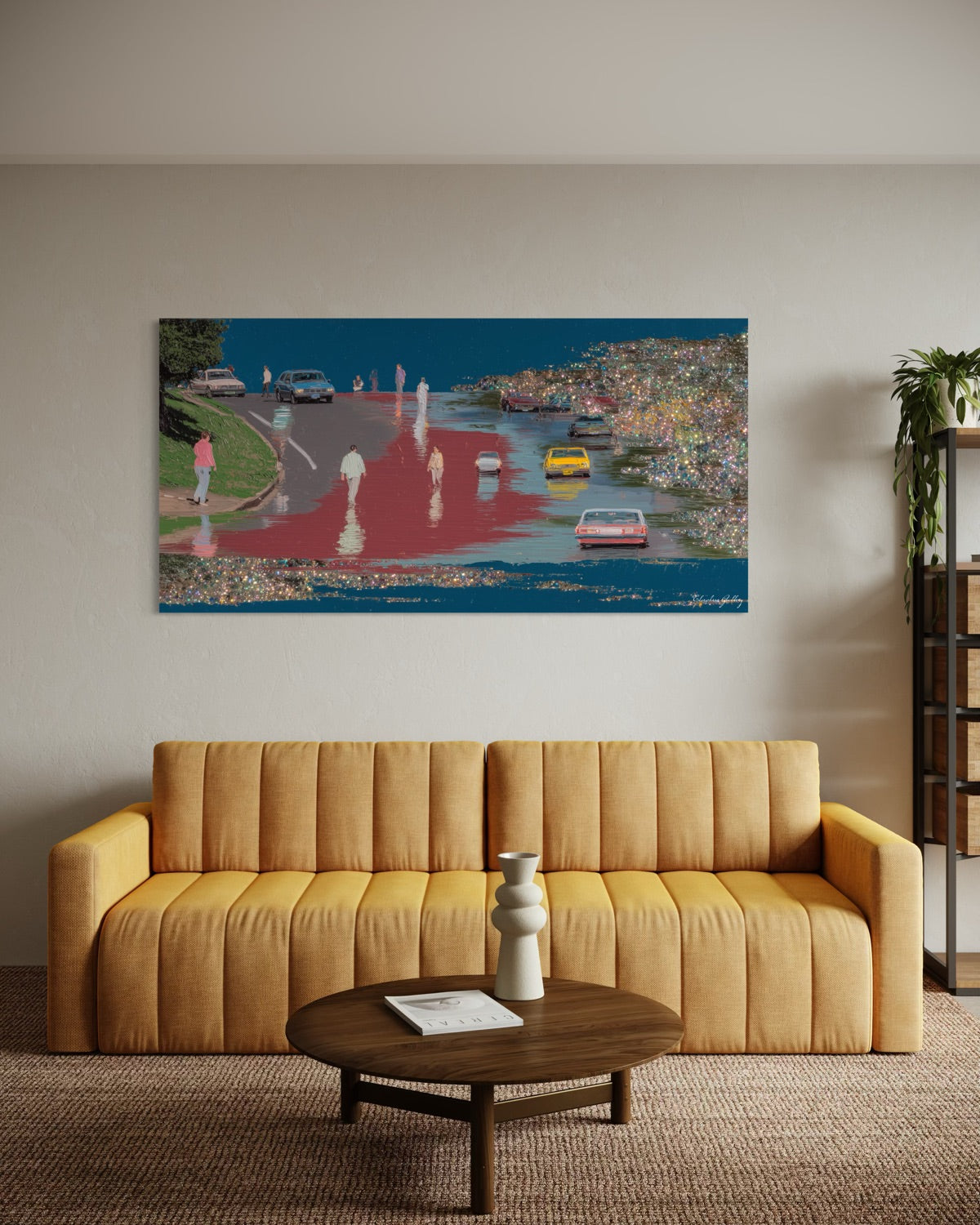 Living room with a yellow sofa, round wooden coffee table, and a large painting of a city street scene on the wall.