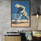 Framed artwork of a tiger pushing a shopping cart on a wall above a record player.