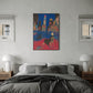 Colorful abstract painting above a bed in a modern bedroom.
