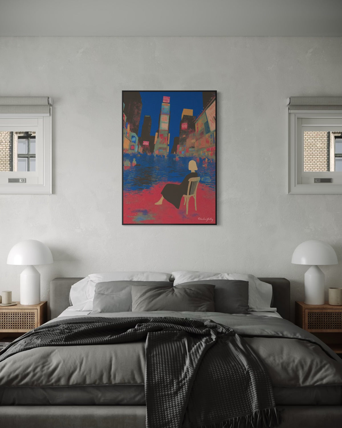 Colorful abstract painting above a bed in a modern bedroom.