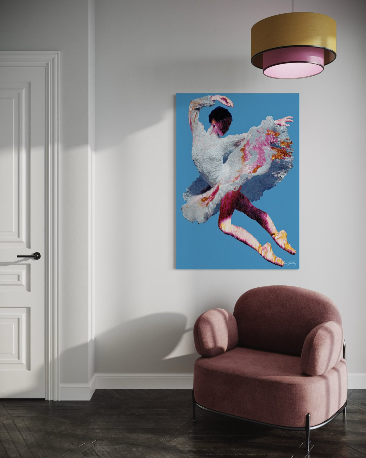 Colorful abstract painting of a dancer on a blue background in a modern room with a pink armchair.
