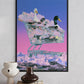 Framed artwork of ducks in a shopping cart with a colorful background on a wall.