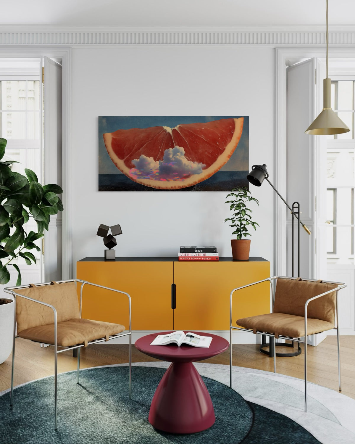 Modern living room with yellow cabinet, brown chairs, and a red table.