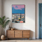 Modern interior with a wooden sideboard, plant, and colorful abstract painting on the wall.