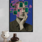 Collage art piece with a person's face and abstract elements on a blue background, displayed on a wall above books and vases.