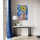 Modern interior with a painting of a person wearing sunglasses on a wall, a lamp, and a console table.
