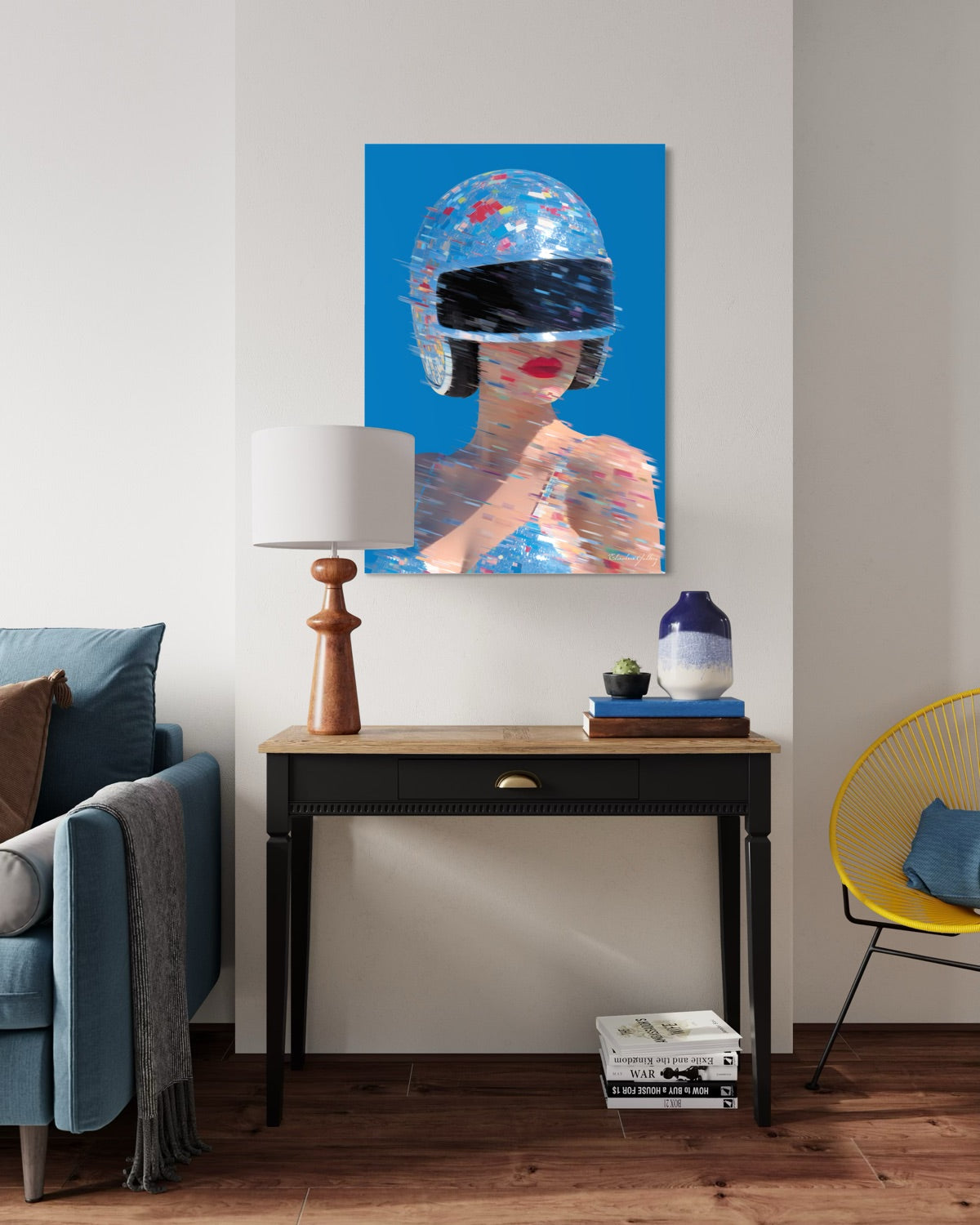 Modern interior with a painting of a person wearing a helmet on a blue background, a lamp, and a chair.