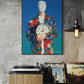 Framed abstract artwork of a person holding a clock on a wall above a record player and records.