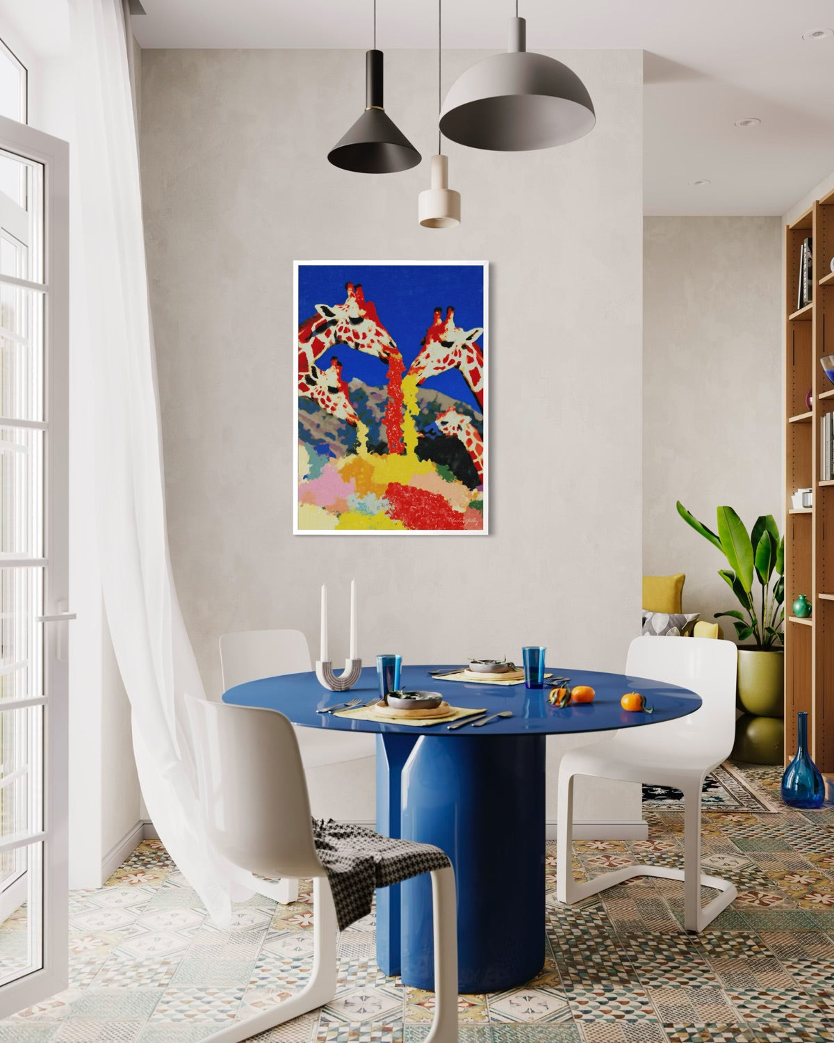 Dining room with a blue table, white chairs, and a colorful abstract painting on the wall.