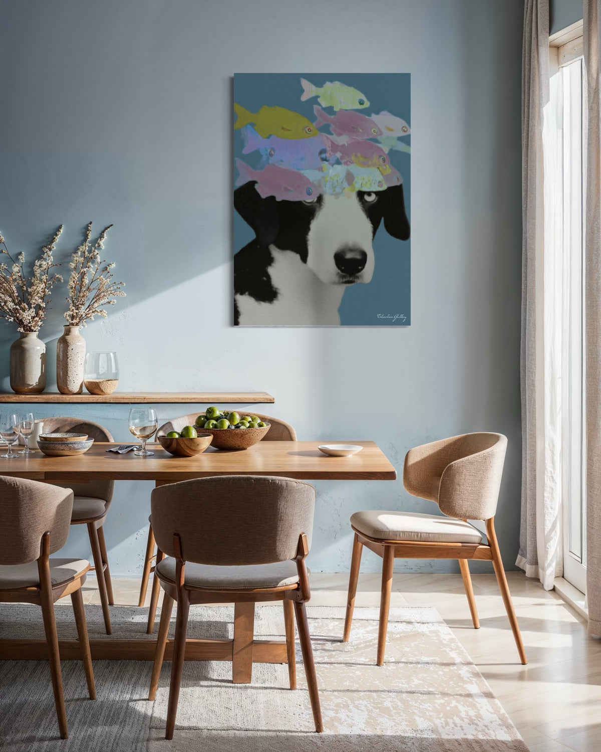Dining room with a wooden table and chairs, featuring a colorful dog painting on the wall.