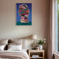 Modern bedroom with a bed, nightstand, lamp, and colorful abstract painting on the wall.