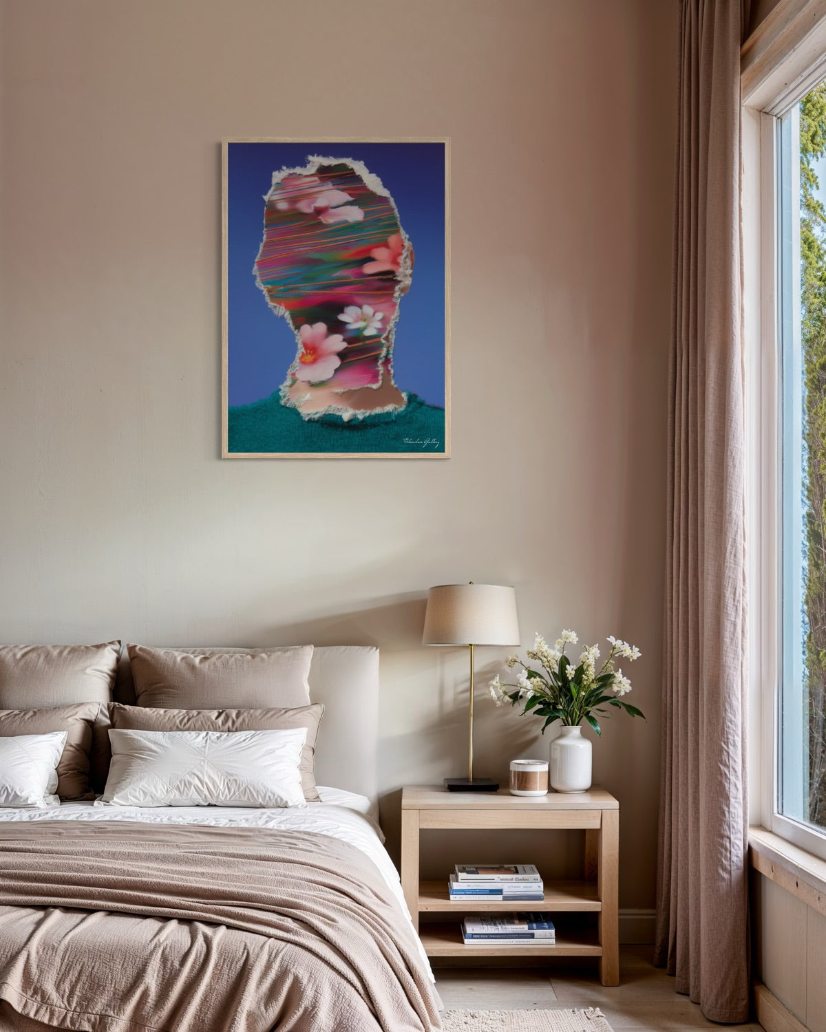 Modern bedroom with a bed, nightstand, lamp, and colorful abstract painting on the wall.
