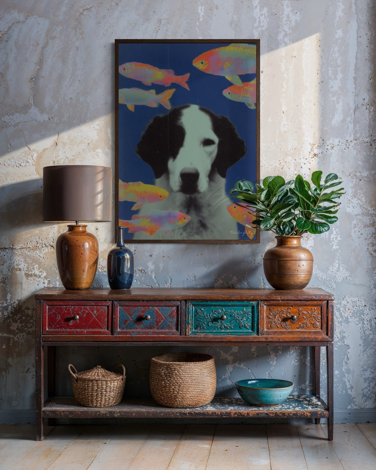 Decorative console table with a colorful painting of a dog and fish, vases, and plants against a textured wall.
