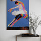 Canvas print of a dancer with colorful abstract patterns on a wall above a console table.