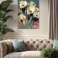 Colorful floral painting on a wall above a beige sofa in a living room.