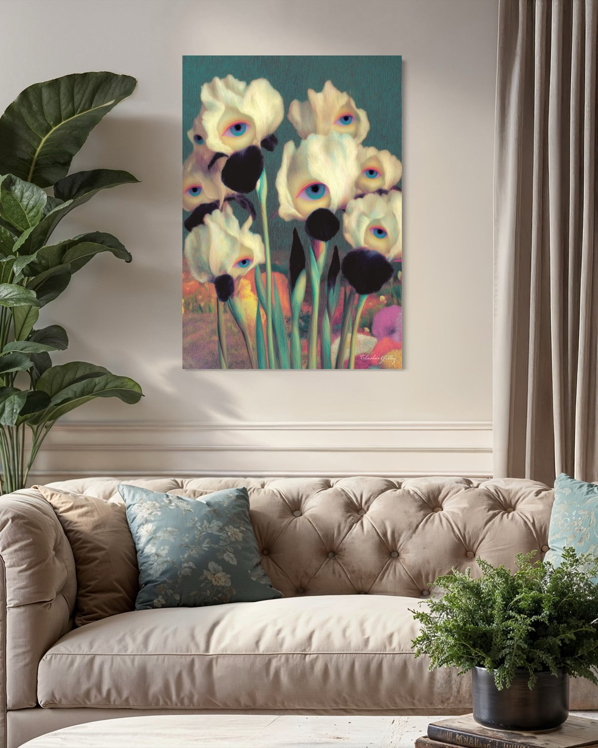 Colorful floral painting on a wall above a beige sofa in a living room.