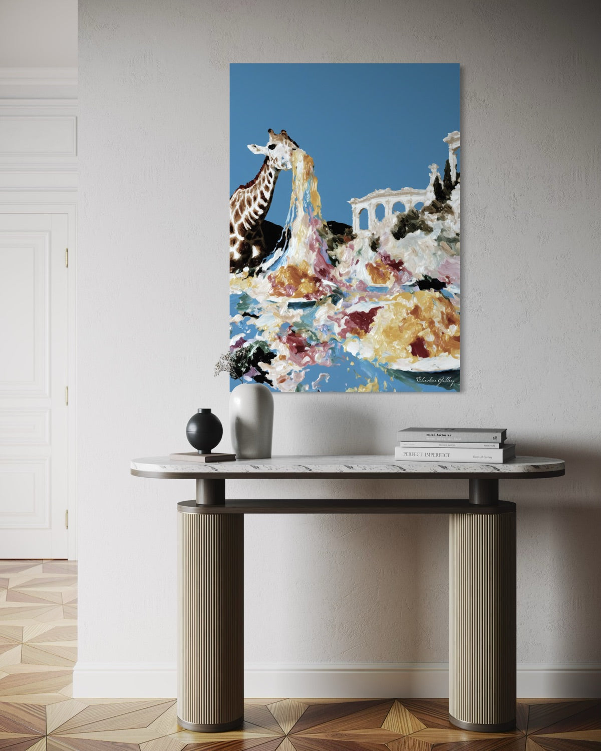 Colorful abstract painting of a giraffe and architectural elements on a wall above a table.