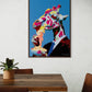 Colorful abstract painting of a horse eating popcorn on a wall above a wooden table.