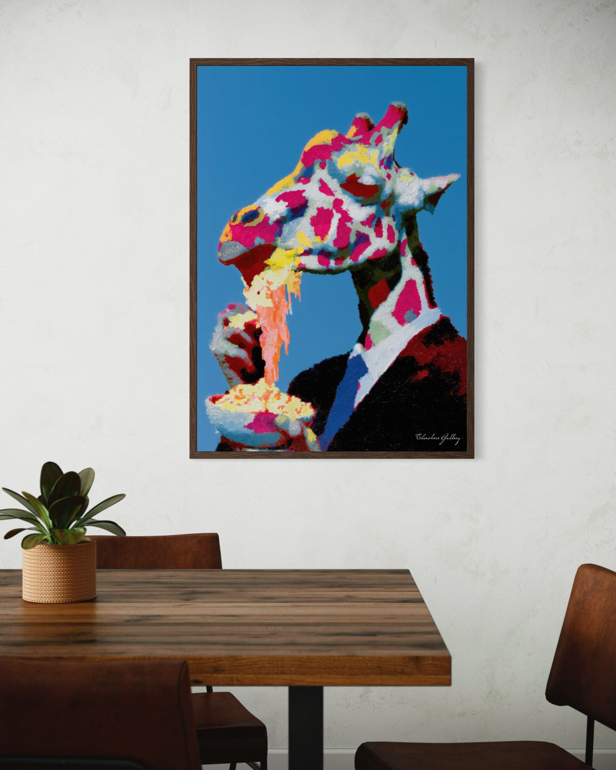 Colorful abstract painting of a horse eating popcorn on a wall above a wooden table.