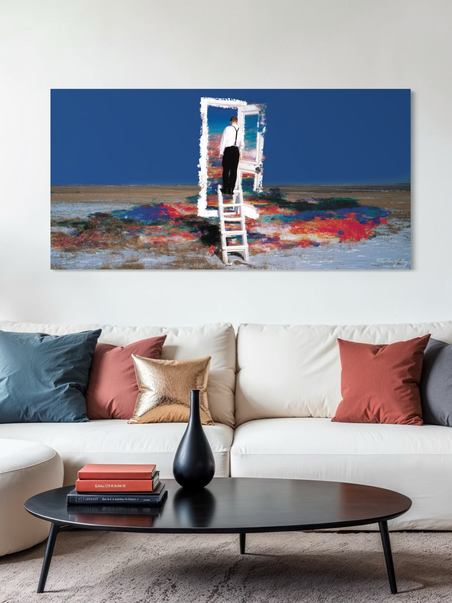 Living room with a large abstract painting on the wall above a white sofa.
