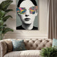 Framed artwork of a person wearing colorful butterfly sunglasses above their eyes, displayed in a living room.