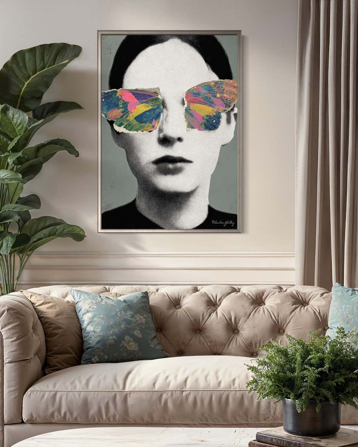 Framed artwork of a person wearing colorful butterfly sunglasses above their eyes, displayed in a living room.