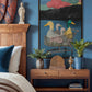 Nursery room with wooden furniture, decorative items, and a colorful painting of ducks.