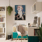 Modern home office with a desk, chair, and decorative wall art.