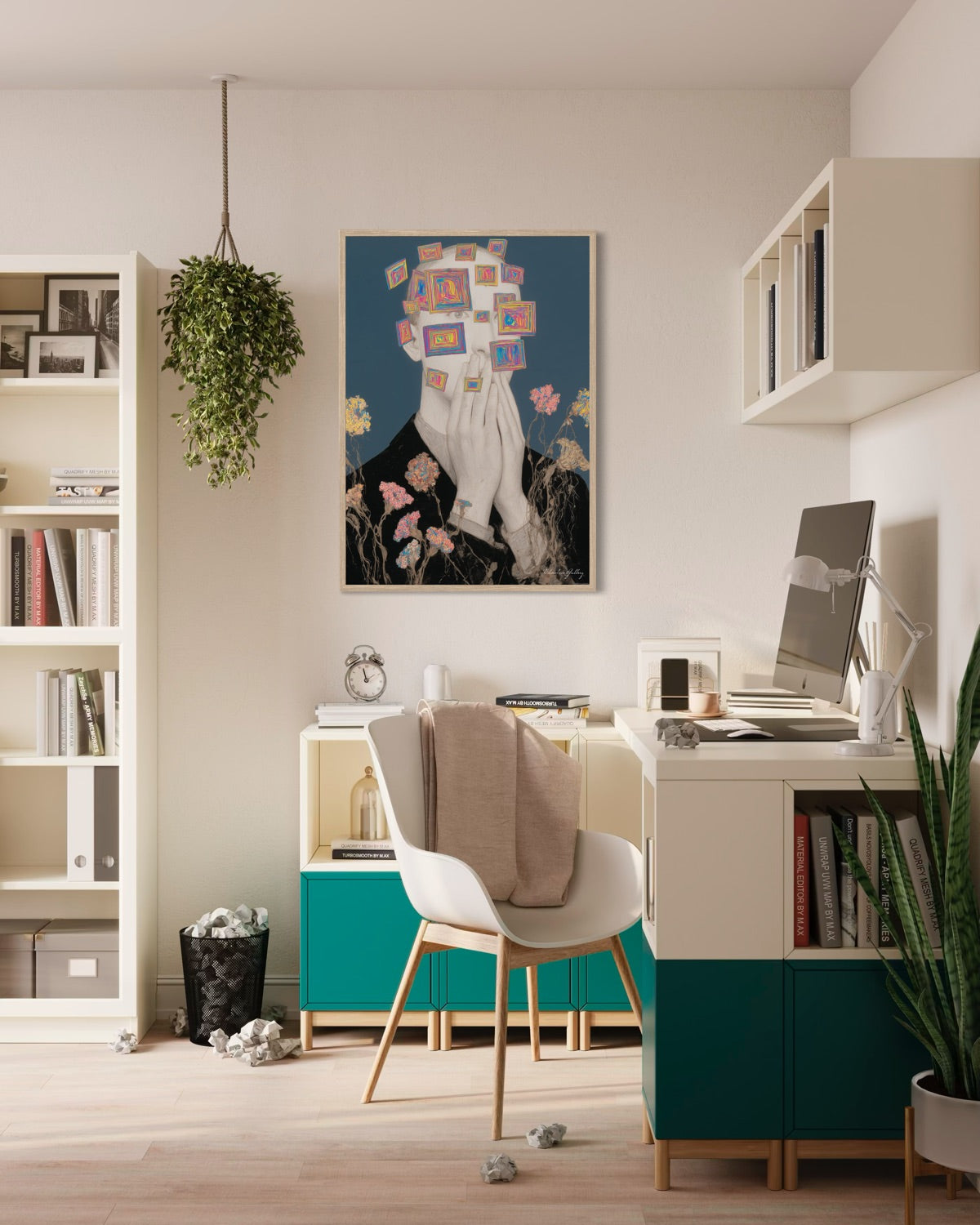 Modern home office with a desk, chair, and decorative wall art.