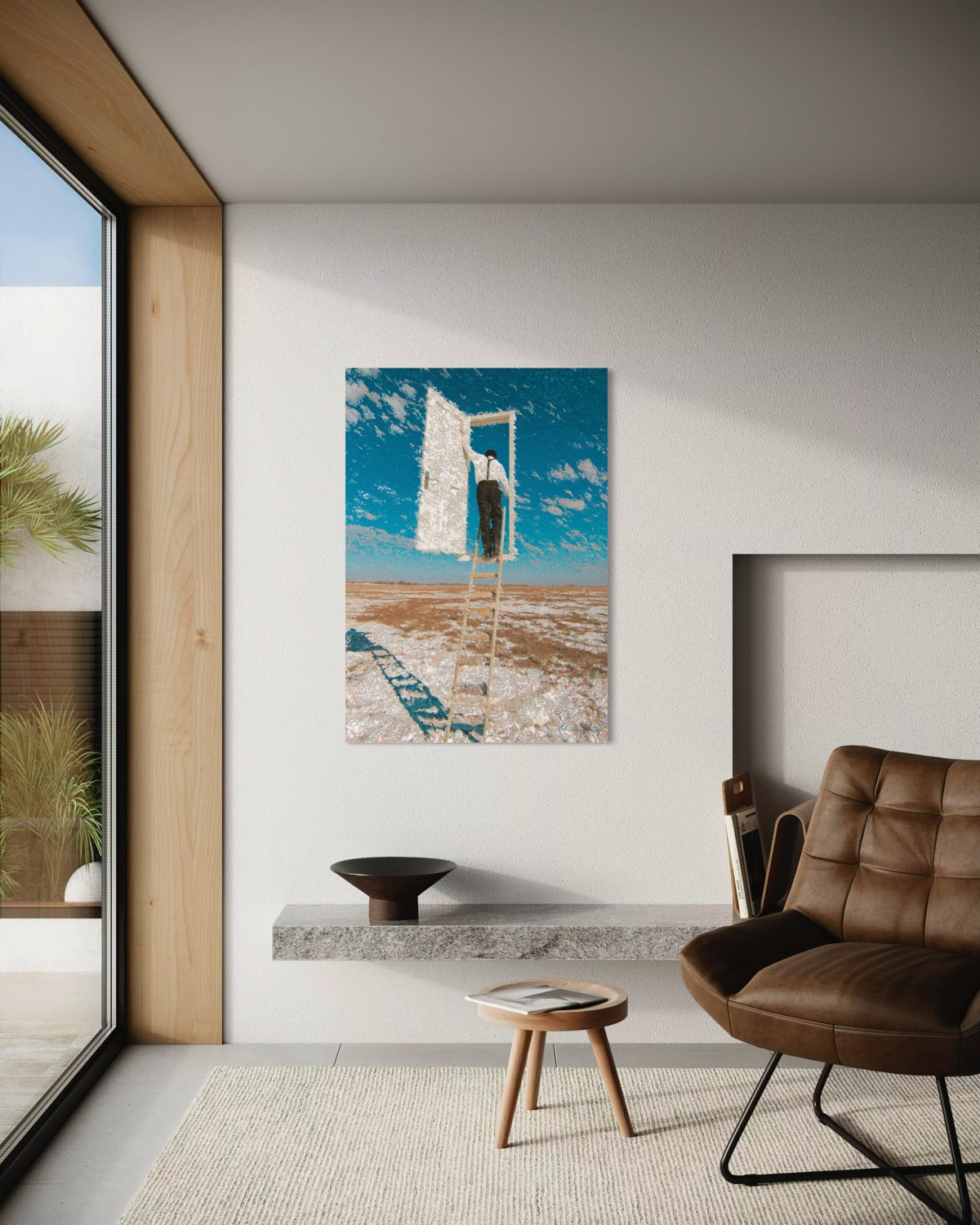 Modern living room with a brown leather chair, small table, and abstract artwork on the wall.