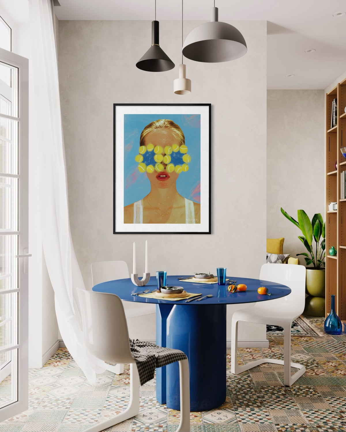 Modern dining room with a blue table, white chairs, and a colorful wall art piece.