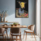 Dining room with a table and chairs, and a colorful dog painting on the wall.