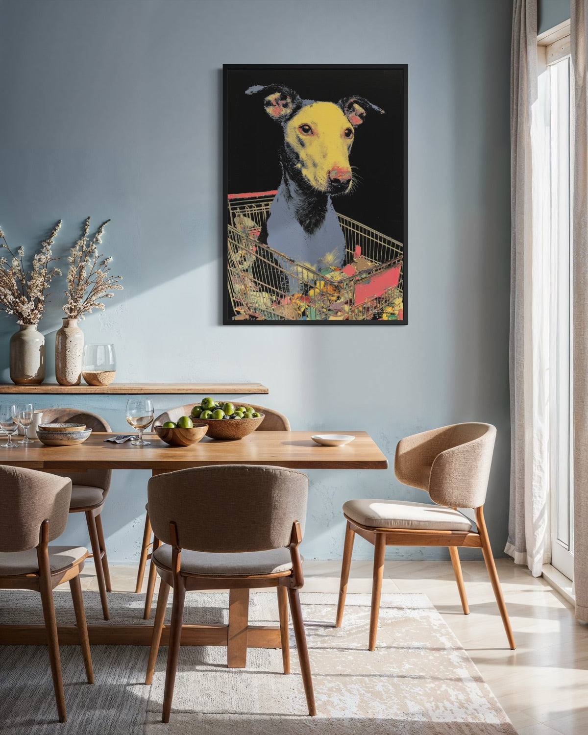 Dining room with a table and chairs, and a colorful dog painting on the wall.