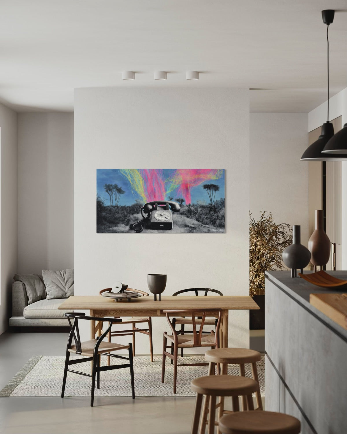 Modern dining area with a colorful abstract painting on the wall