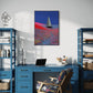 Modern home office with blue desk, chair, and shelves, featuring a colorful sailboat painting on the wall.