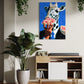 Living room with a giraffe painting on the wall, potted plant, and wooden cabinet.