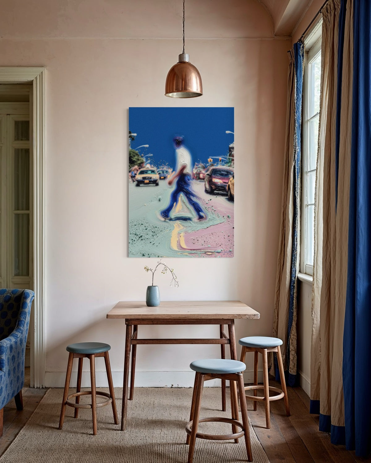 Room interior with a table, stools, and a colorful painting on the wall.