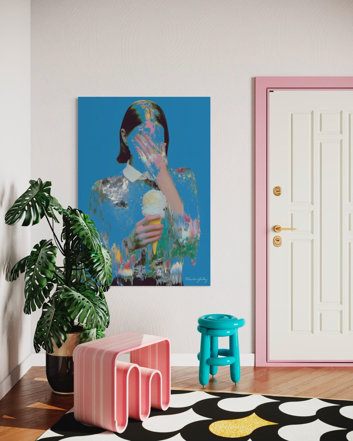 Modern interior with colorful artwork, pink furniture, and a plant.